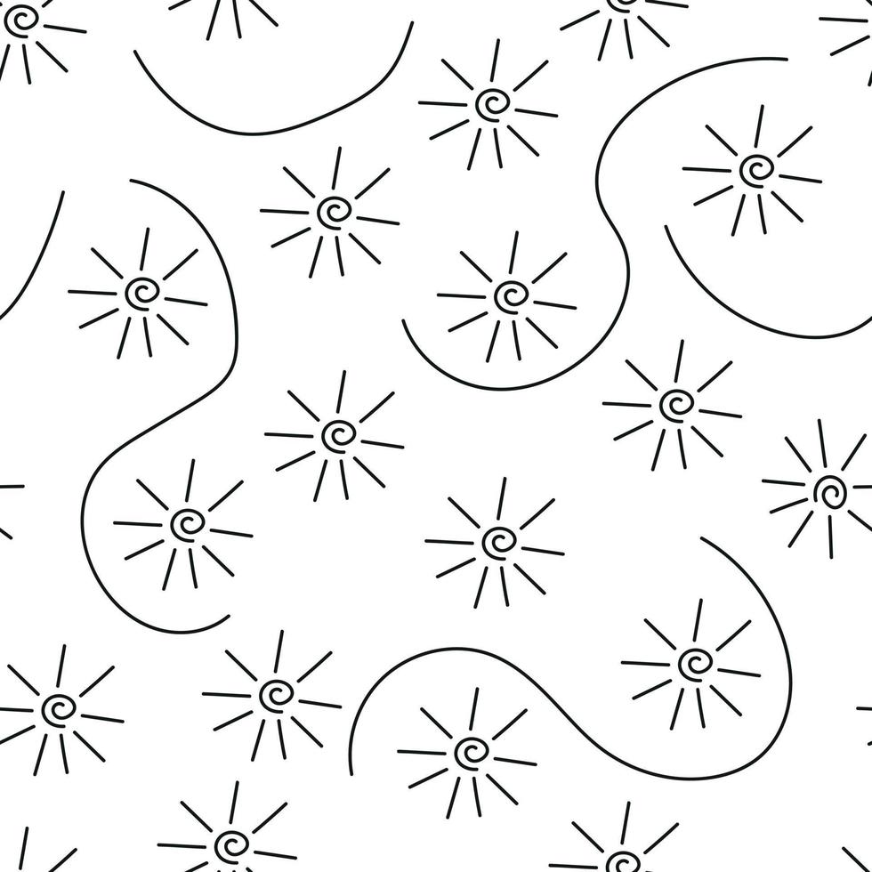 Doodle seamless pattern vector, black and white hand drawn sun and wavy lines, wrapping paper vector