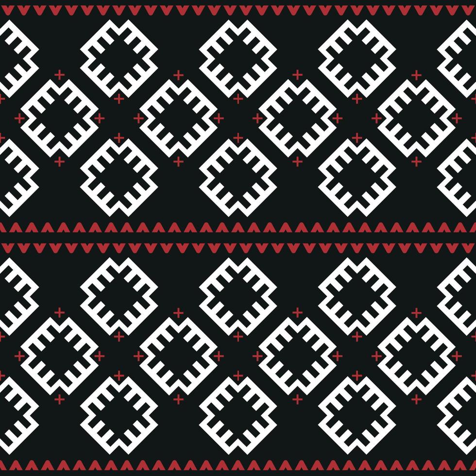 Seamless pattern Ukrainian ethnic ornament, black-and-red background, symmetrical repeating pattern vector