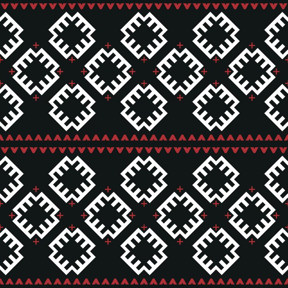 Seamless pattern Ukrainian ethnic ornament, black-and-red background, symmetrical repeating pattern vector