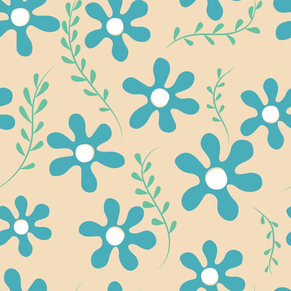 Cute seamless pattern of minimalist flowers, blue flowers and green foliage on a neutral background vector