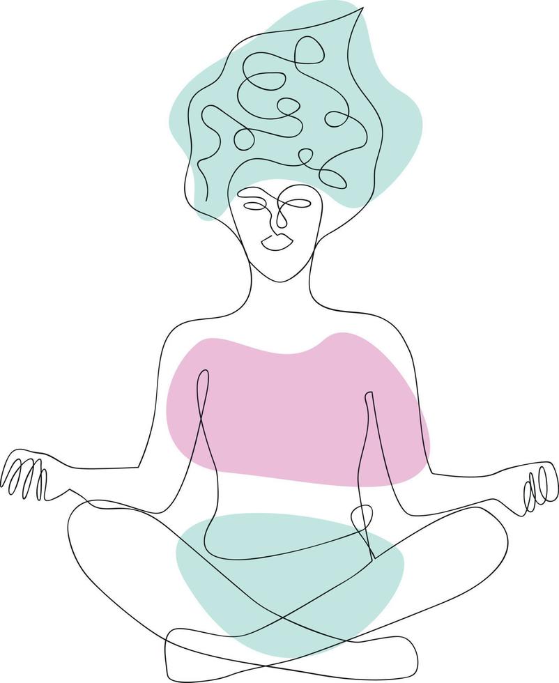 One line drawing of a girl in a lotus position, Vector Line art yoga pose with colored spots