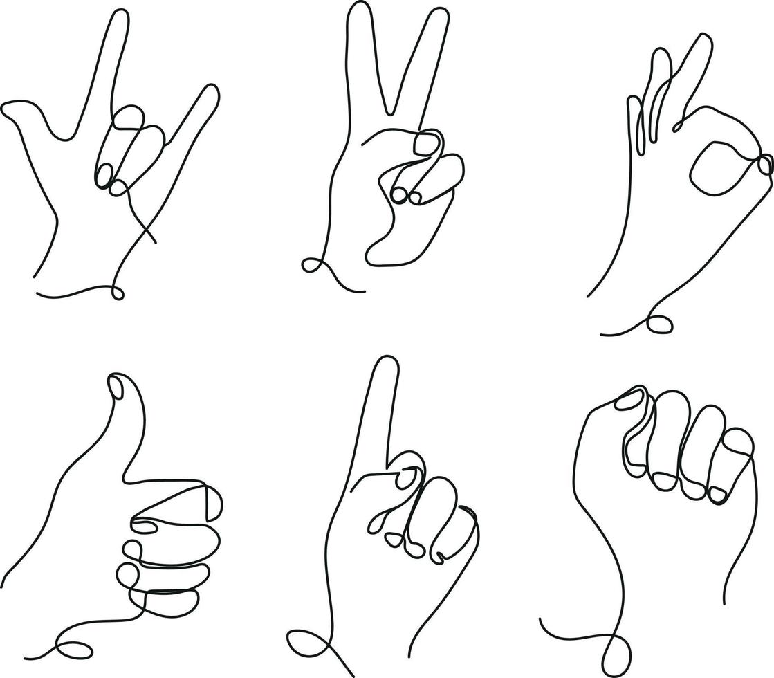 Hands line art, silhouettes of hands, peace sign, thumbs up, one line drawing vector