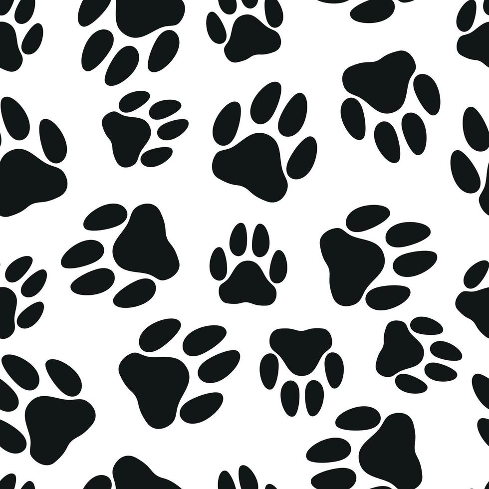 Dog paws seamless pattern, black and white background doodle drawing of pet paws, chaotically scattered elements, minimalism pattern vector