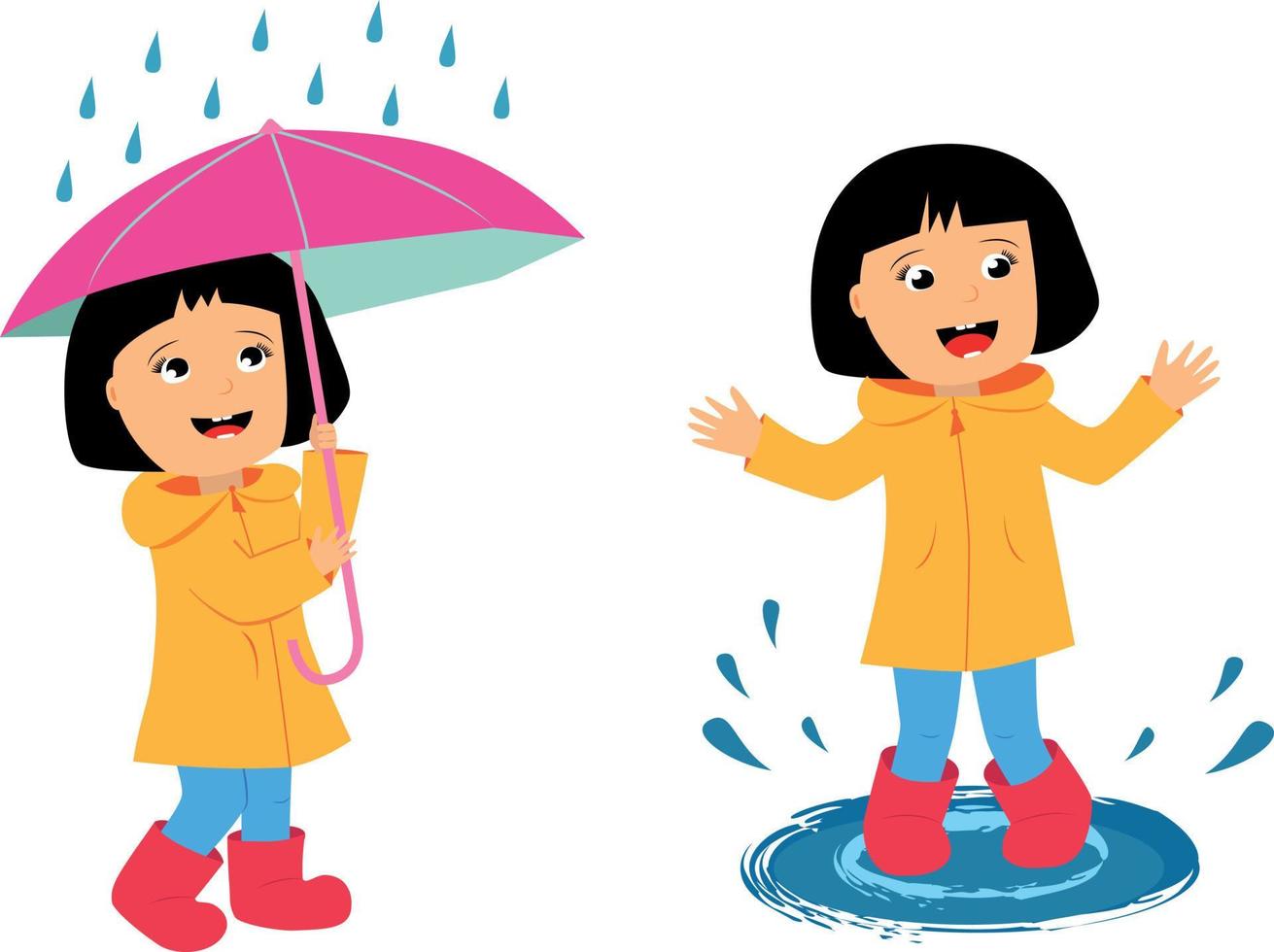 una niña pequeña con un paraguas bajo las gotas de lluvia, un niño camina afuera con un impermeable y botas vector