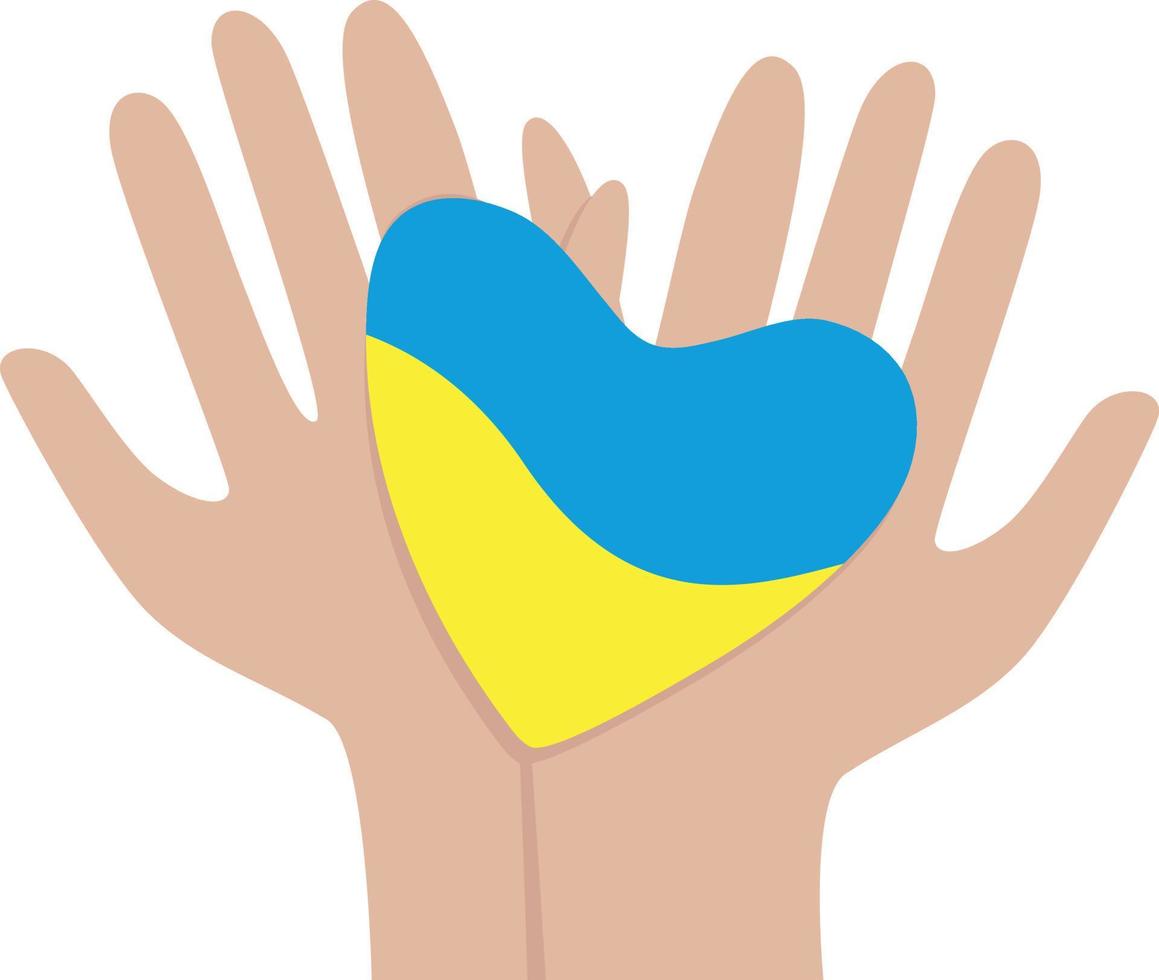 Hands holding a heart in the colors of the flag of Ukraine, a yellow-blue heart as a symbol of peace vector