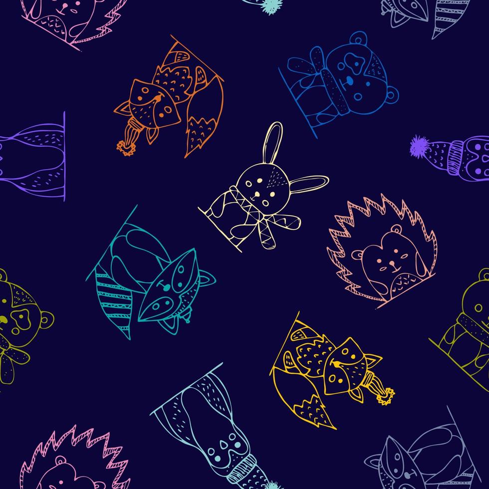 Vector illustration of a seamless pattern with animals in a childish naive style on dark blue. Forest animals pattern for fabric or children's stationery