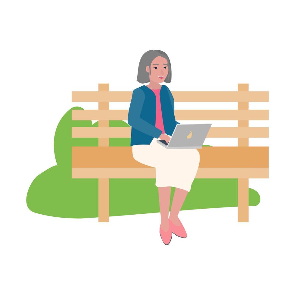 An elderly woman works in the park on a bench with a laptop. Freelance for everyone. vector