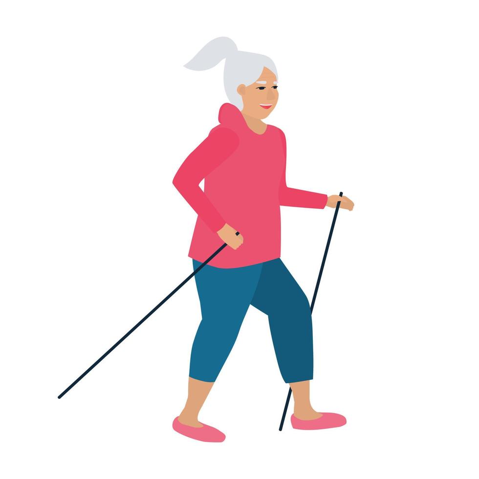 anciana activa haciendo deporte caminando de vacaciones en el parque vector