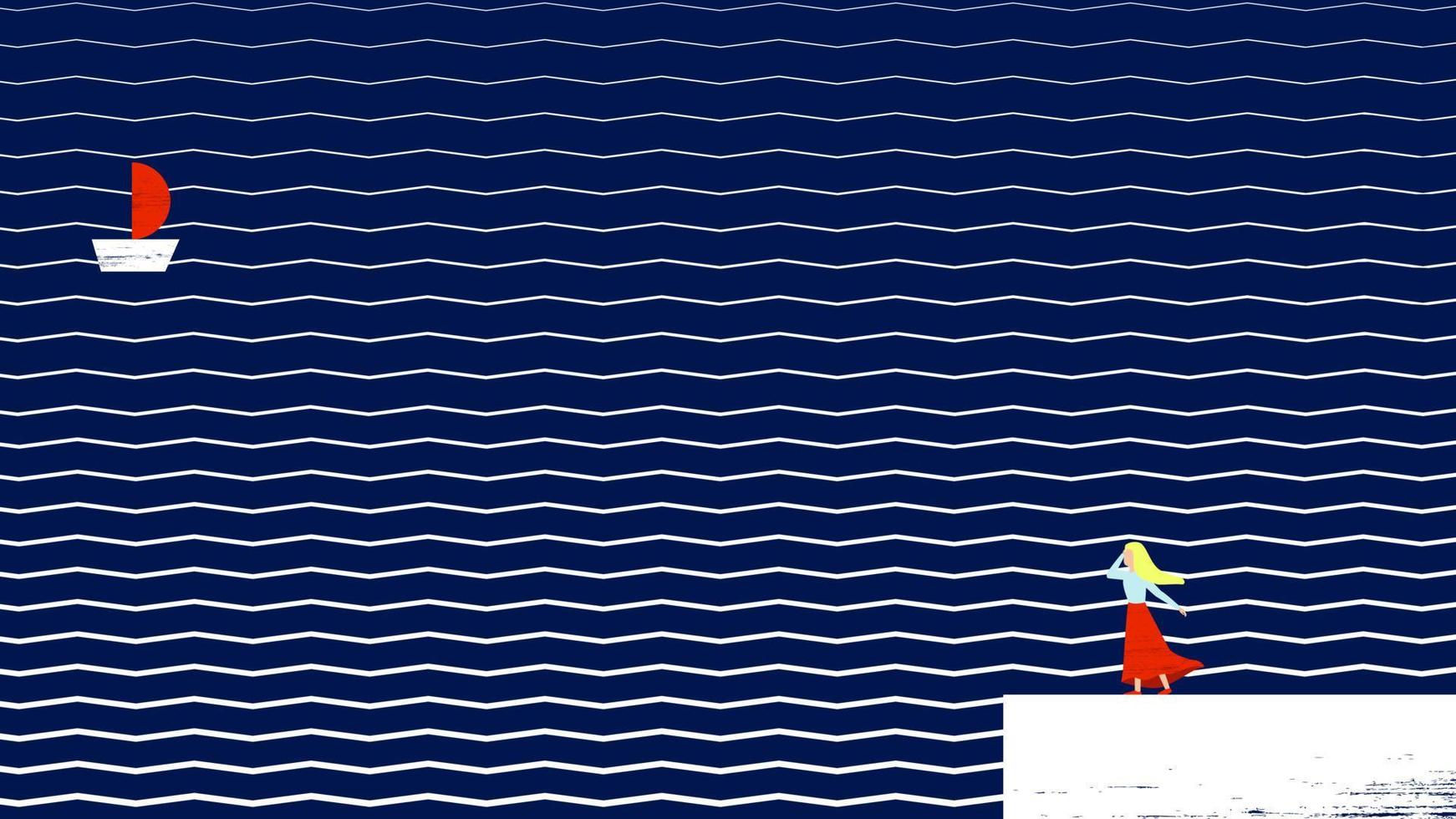 Vector illustration with abstract sea background. Assol girl stands on the shore and looks at the red sail on the ship. Abstract navy blue sea with zigzag pattern