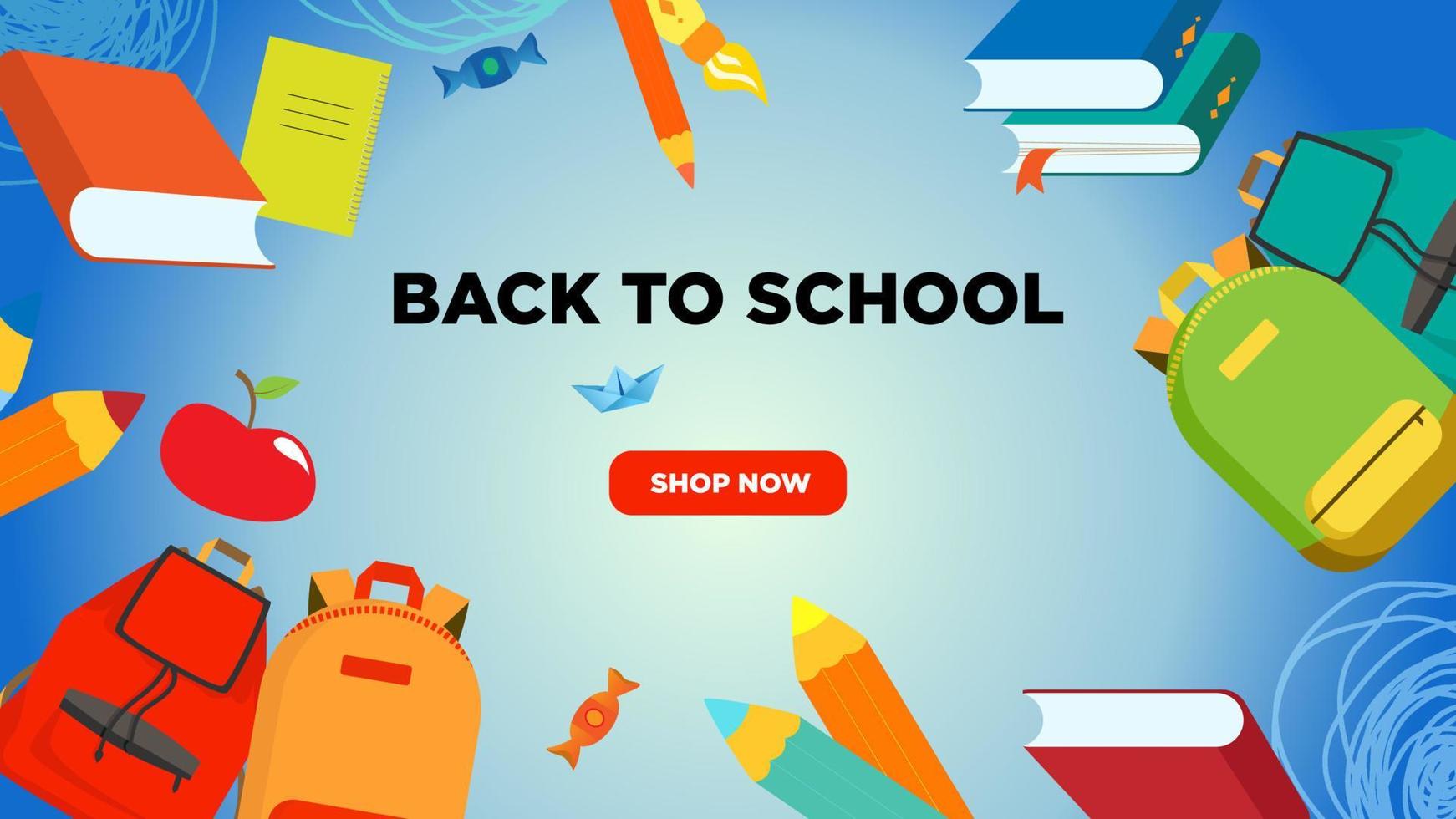 Back to school banner or screen with backpacks, leaves, pencils, books, notebooks, apple, brush. Promotional for stationery and backpacks for school. On blue background. vector