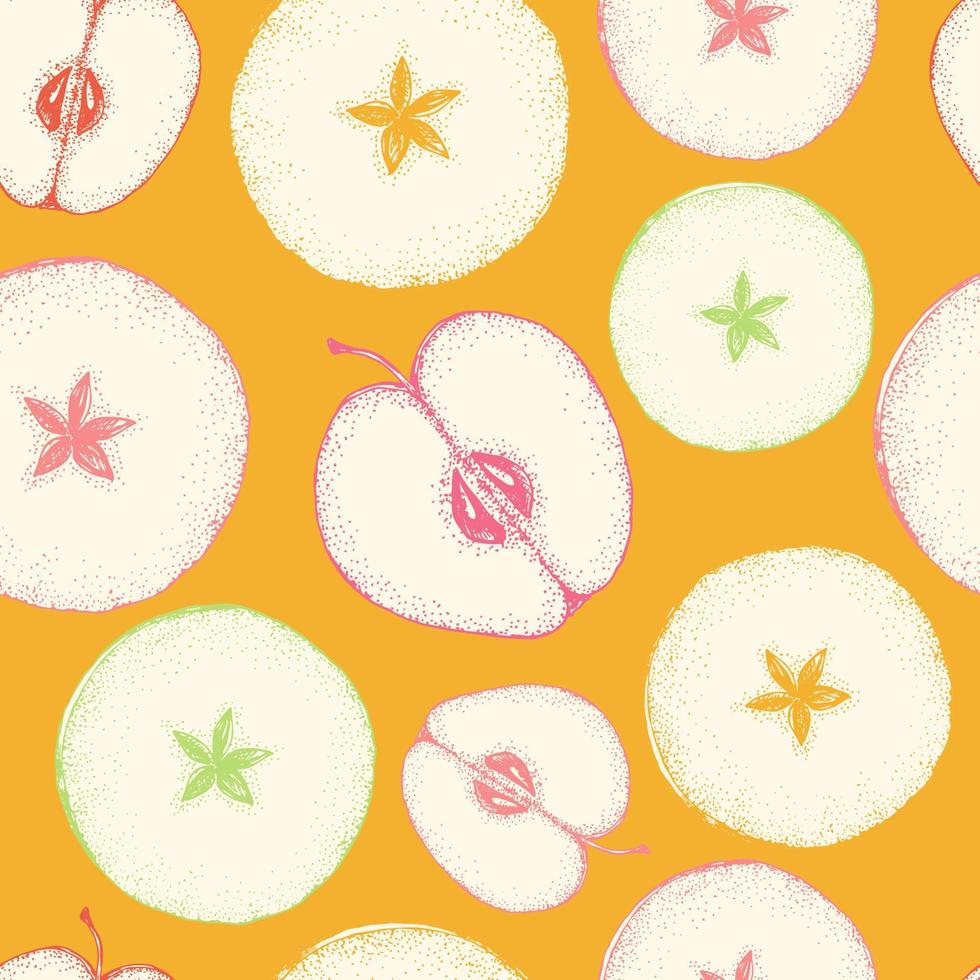 Vector seamless pattern with apples, cutaway fruits, slices on a yellow background. Hand-drawn decorative pattern for packaging juice, wrapping paper or kitchen design.