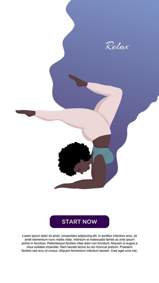 Yoga and healthy lifestyle sports and body positive concept. Young happy black oversized woman in yoga position handstand. For Mobile App Page or Website banner yoga classes vector