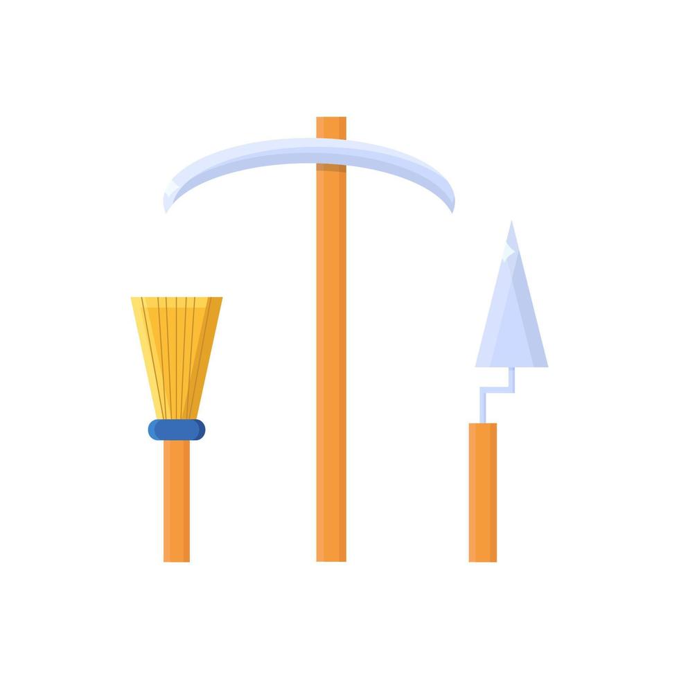 Pickaxe, trowel and tassel in a flat style for the work of archaeologists. Tools for archaeological excavations. Icons isolated on white. vector