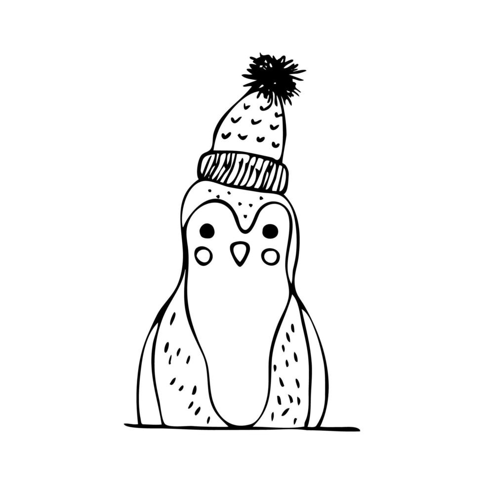 Vector illustration of a penguin in a winter hat in the style of scandi drawn by hand. Baby, cute animal New Year and Christmas cards