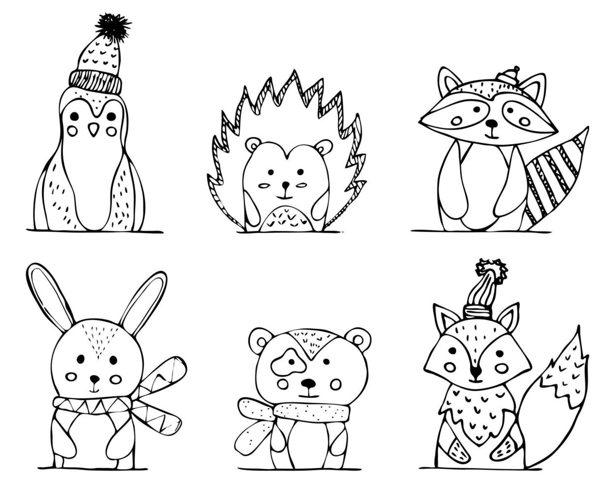 collection of forest animals in scandi style drawn by hand. Baby, cute animals hare and bear, as well as fox, hedgehog raccoon and penguin doodles vector