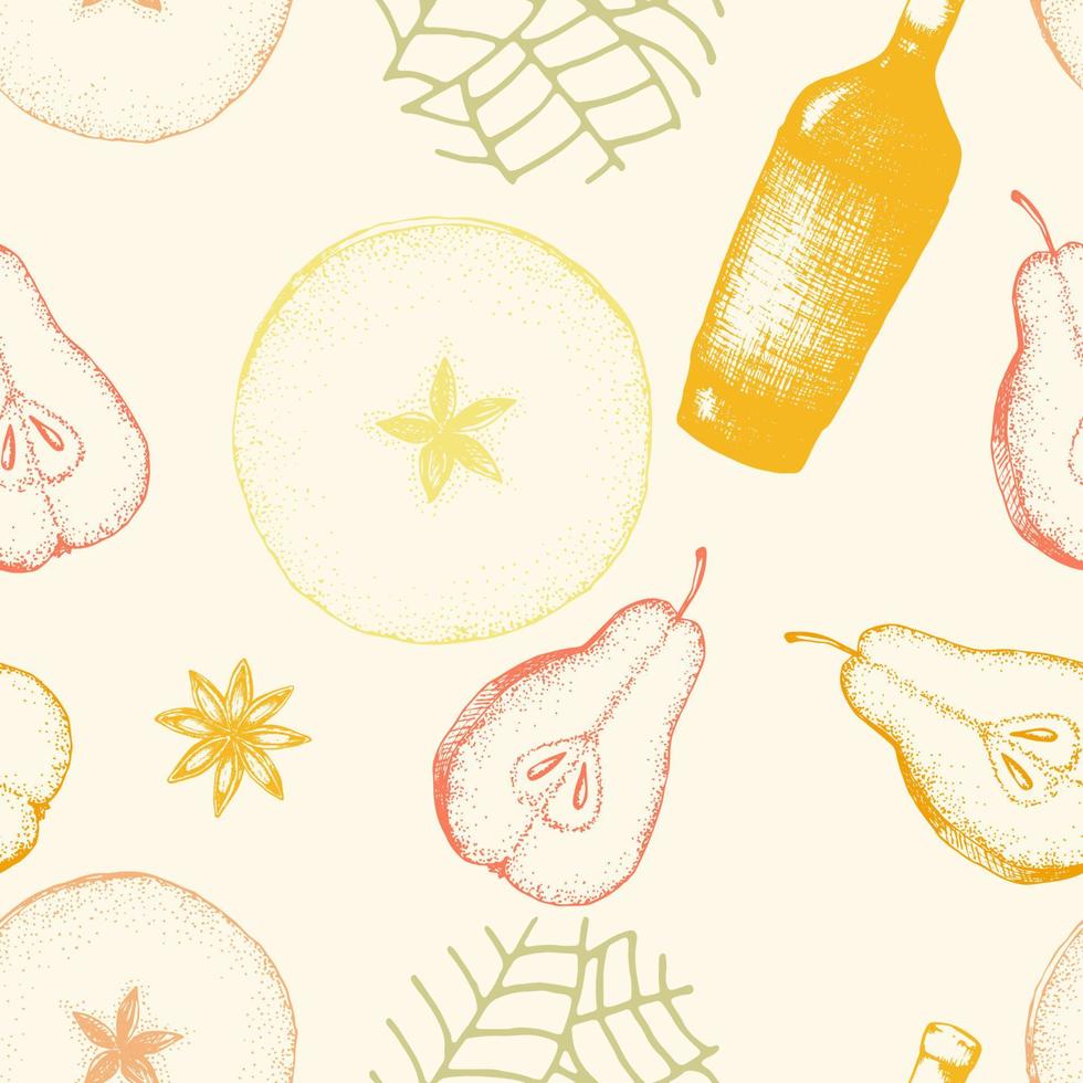 Vector seamless pattern with apples and pears, leaves and a bottle of cider. Illustration of warm colors with alcohol and harvest for packaging and drinks.