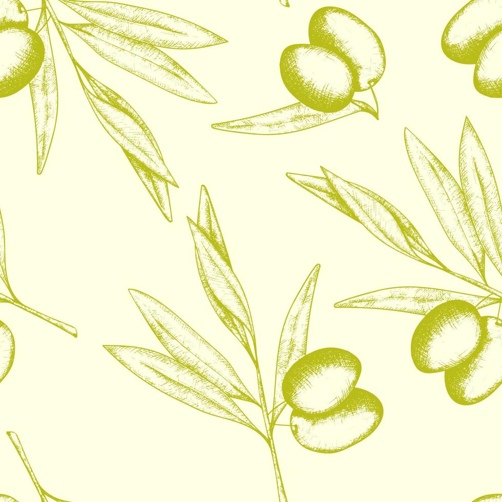 Vector illustration with seamless pattern of green olive branch on a light  background. Label for olive oil producers, olive packaging design, wrapping and fabric print