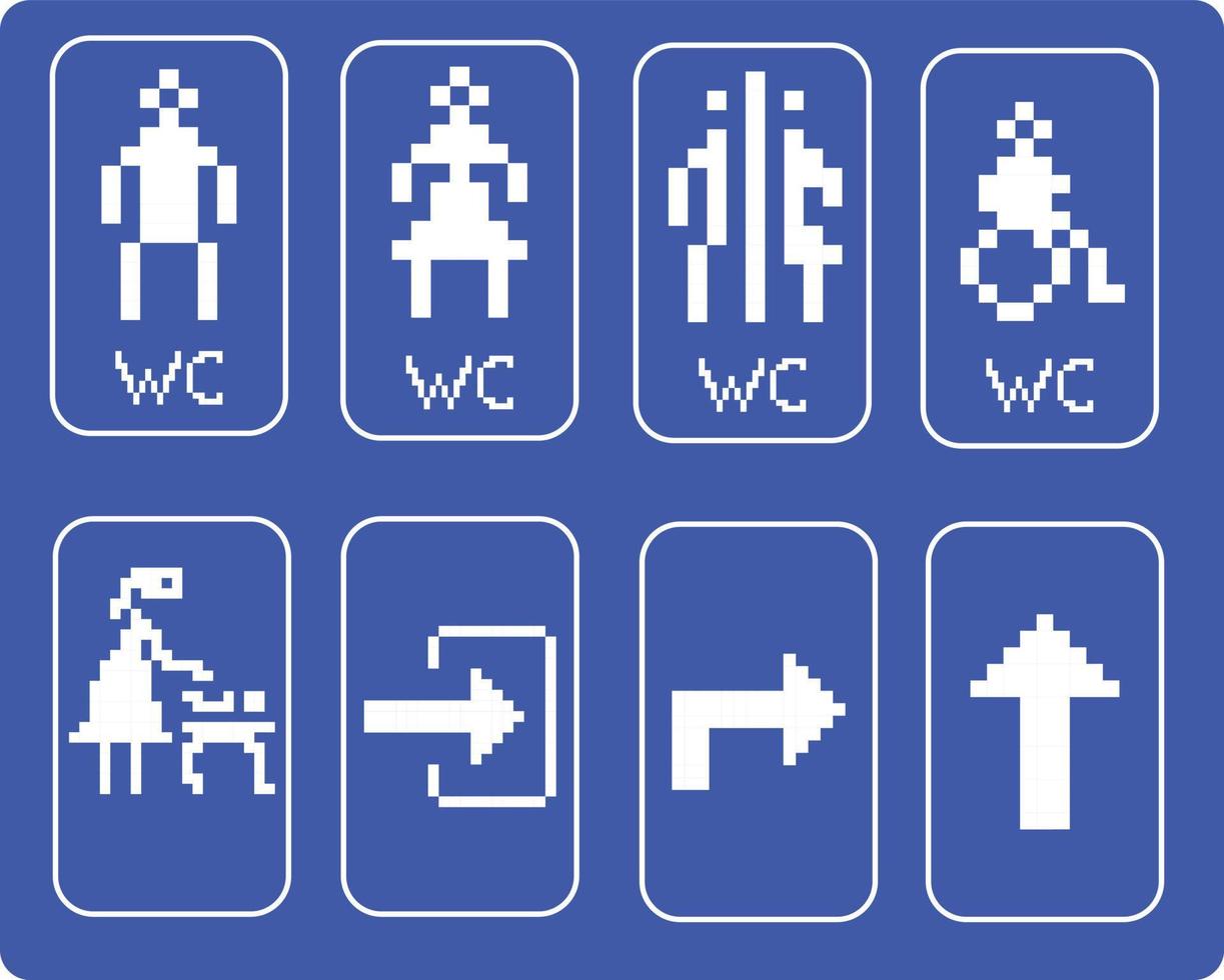 A set of pixel toilet icons. Toilet sign. Men, women, mother with children, and disabled symbols. Toilet for men, women, and disabled. Vector graphics.