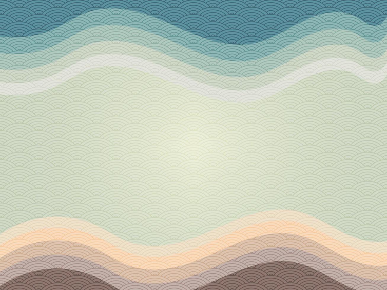 Background of waves of blue, green, and brown shades with a pattern of Japanese ocean waves in vintage style. Abstract wallpaper for prints, decor, wall art, and canvas prints. vector