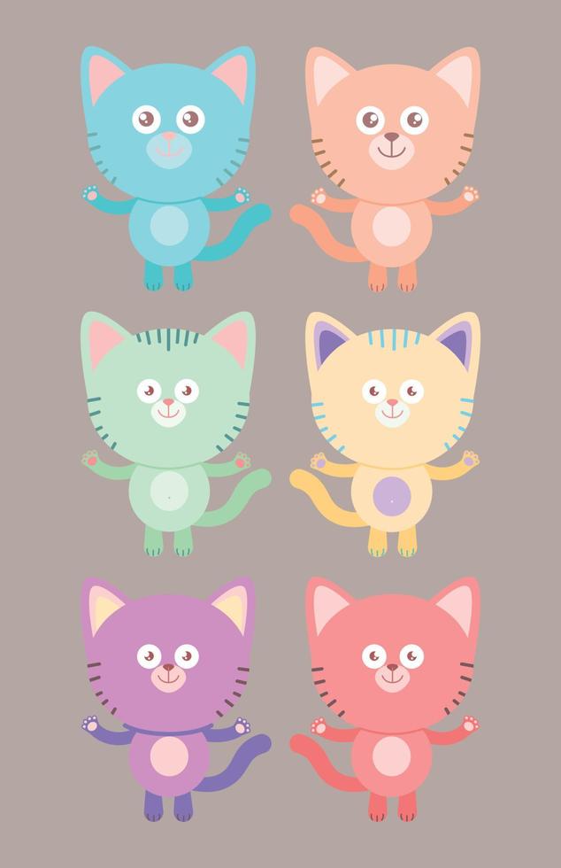 Set of cute cats in different colors. Vector flat design.