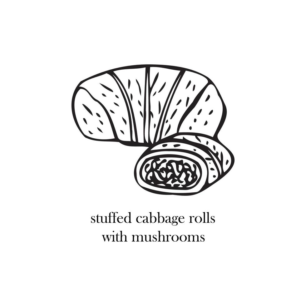 Vector illustration of a Ukrainian dish - stuffed cabbage rolls with mushrooms. Dishes for Christmas and New Year.