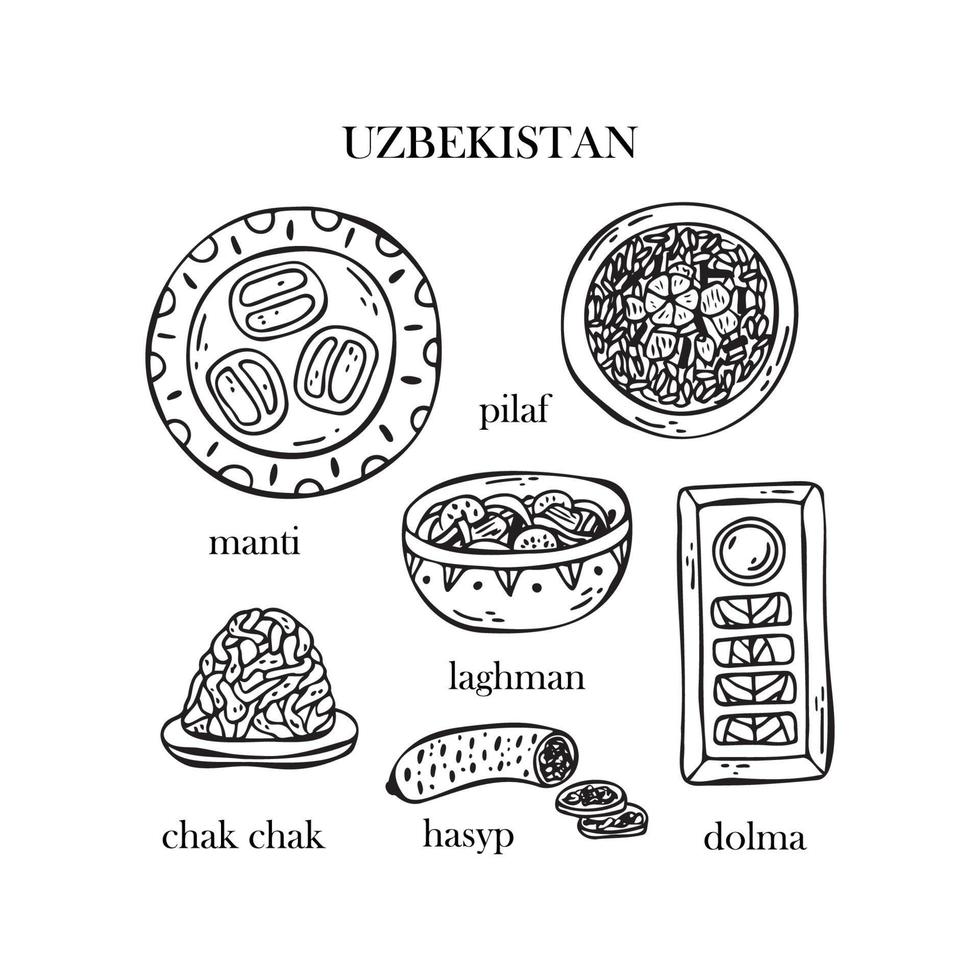 Vector set of illustrations of Uzbek Christmas dishes. New Year. Traditional food of Uzbekistan.