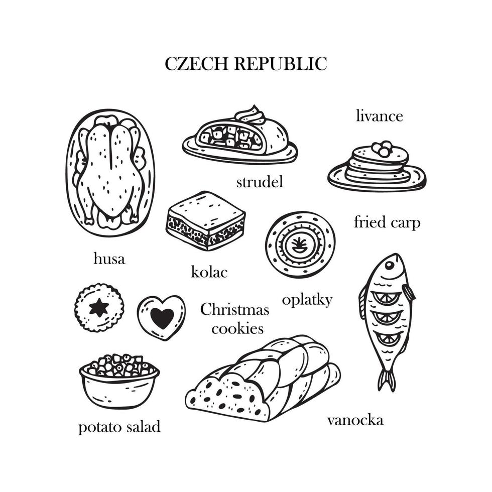 Vector set of illustrations of Czech Christmas dishes. New Year. Traditional Czech food.