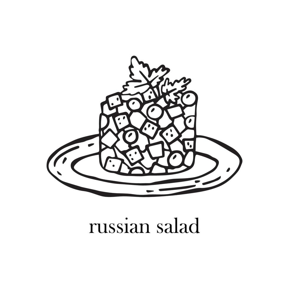 Vector illustration of a Russian dish - russian salad. Dishes for Christmas and New Year.