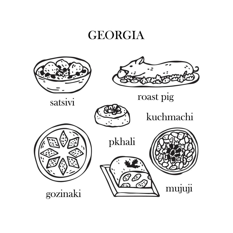 Vector set of illustrations of Georgian Christmas dishes. New Year. Traditional Georgian food.