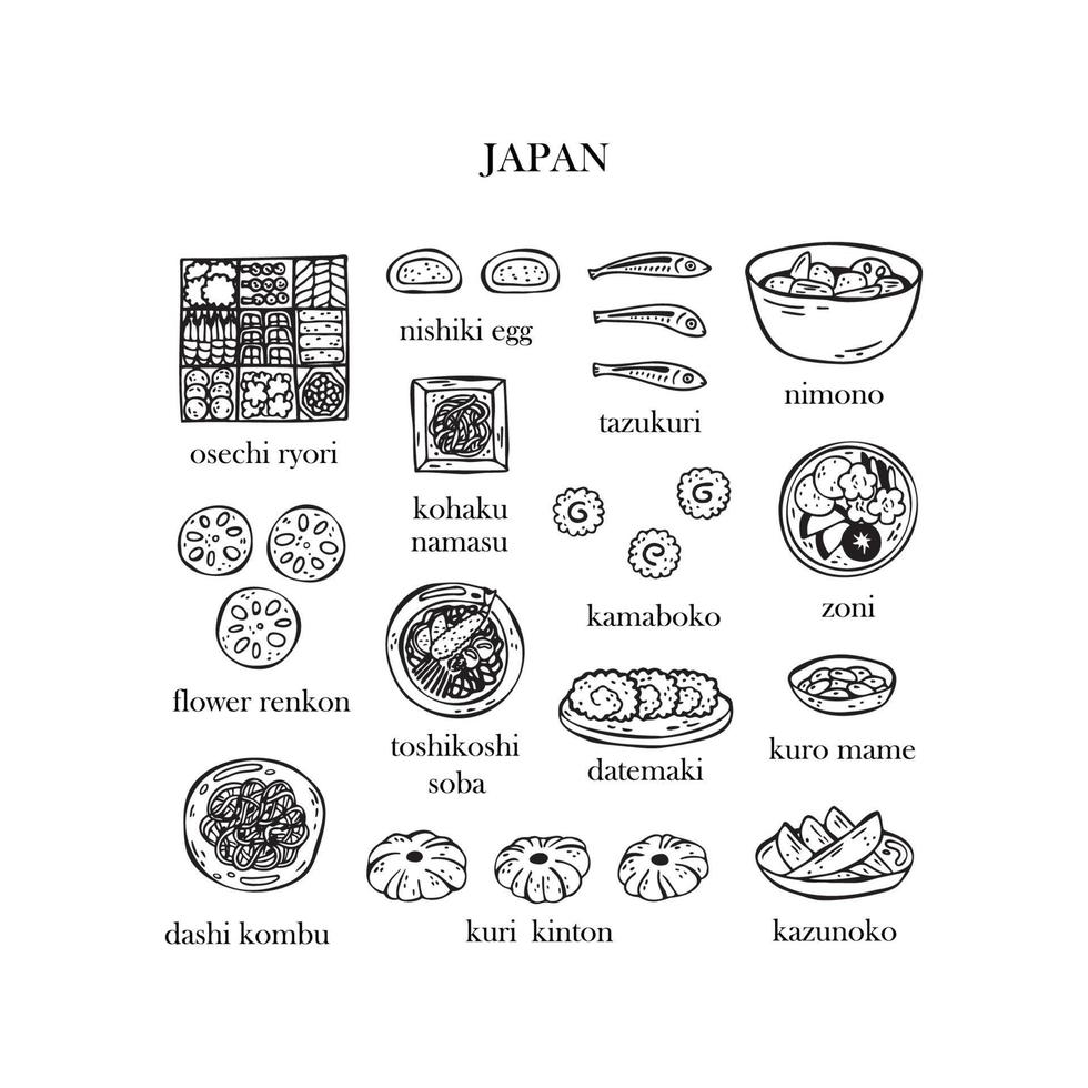 Vector set of illustrations of Japanese Christmas dishes. New Year. Traditional Japanese food.