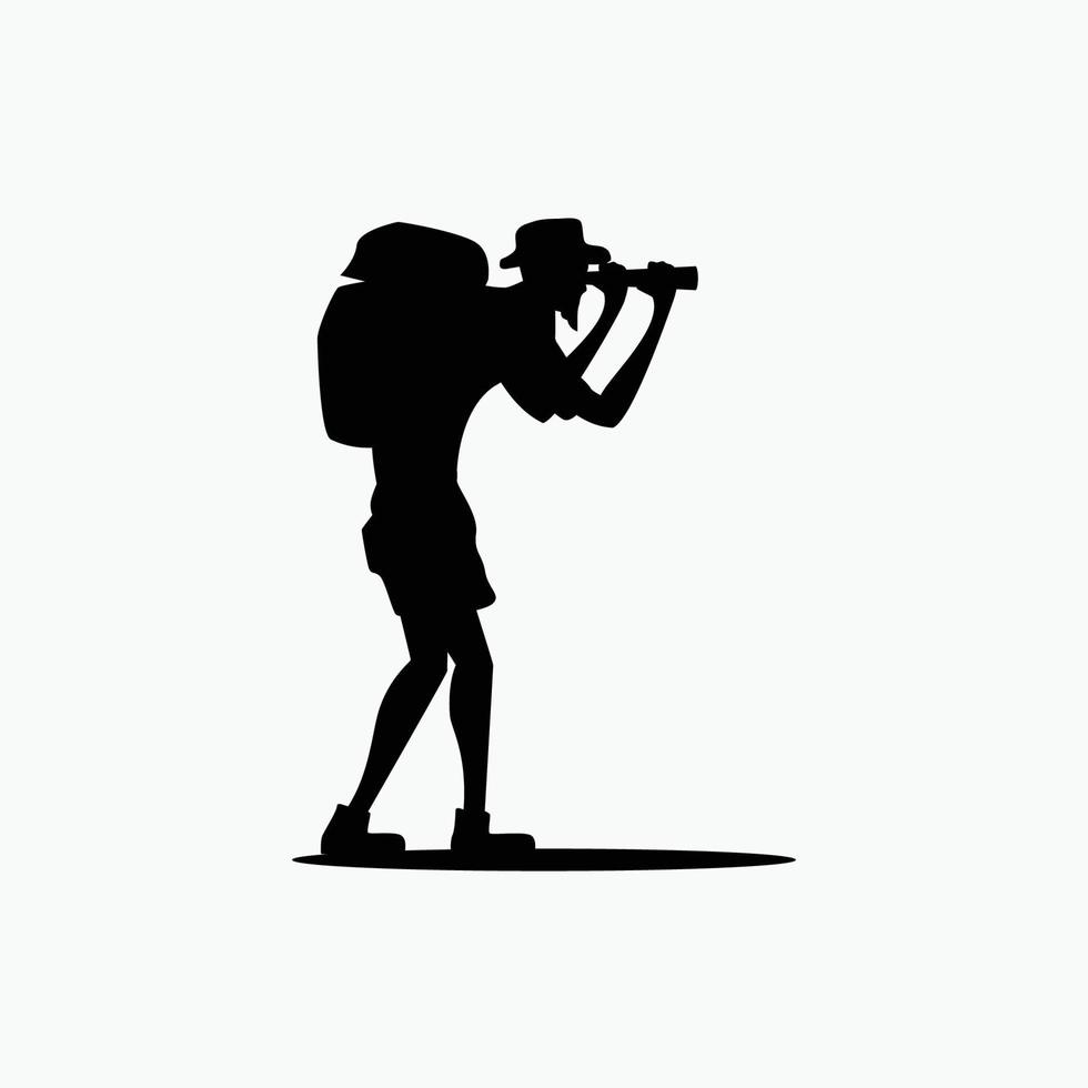 silhouette of an old man hiker observing the journey through binoculars. vector
