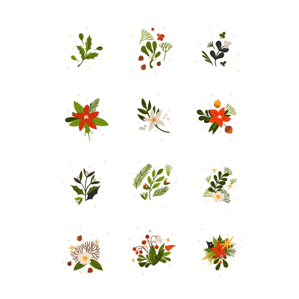 Hand drawn vector abstract graphic Merry Christmas and Happy new year clipart illustrations greeting card set with flowers and leaves.Merry Christmas cute floral design background.Winter holiday art.