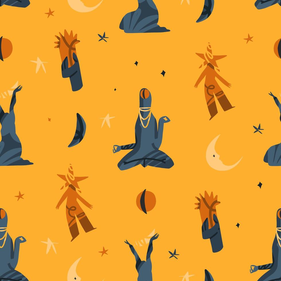 Magical cosmic illustration clipart seamless pattern with moon,star and cute alien characters.Cosmic abstract background.Cartoon style.Hand drawn contemporary art.Cosmos alien cute pattern background. vector