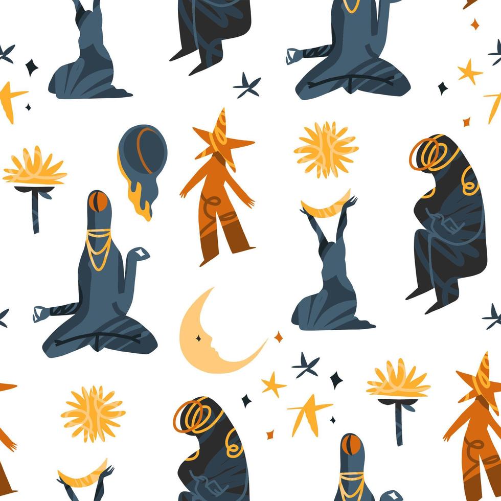 Magical cosmic illustration clipart seamless pattern with moon,star and cute alien characters.Cosmic abstract background.Cartoon style.Hand drawn contemporary art.Cosmos alien cute pattern background. vector