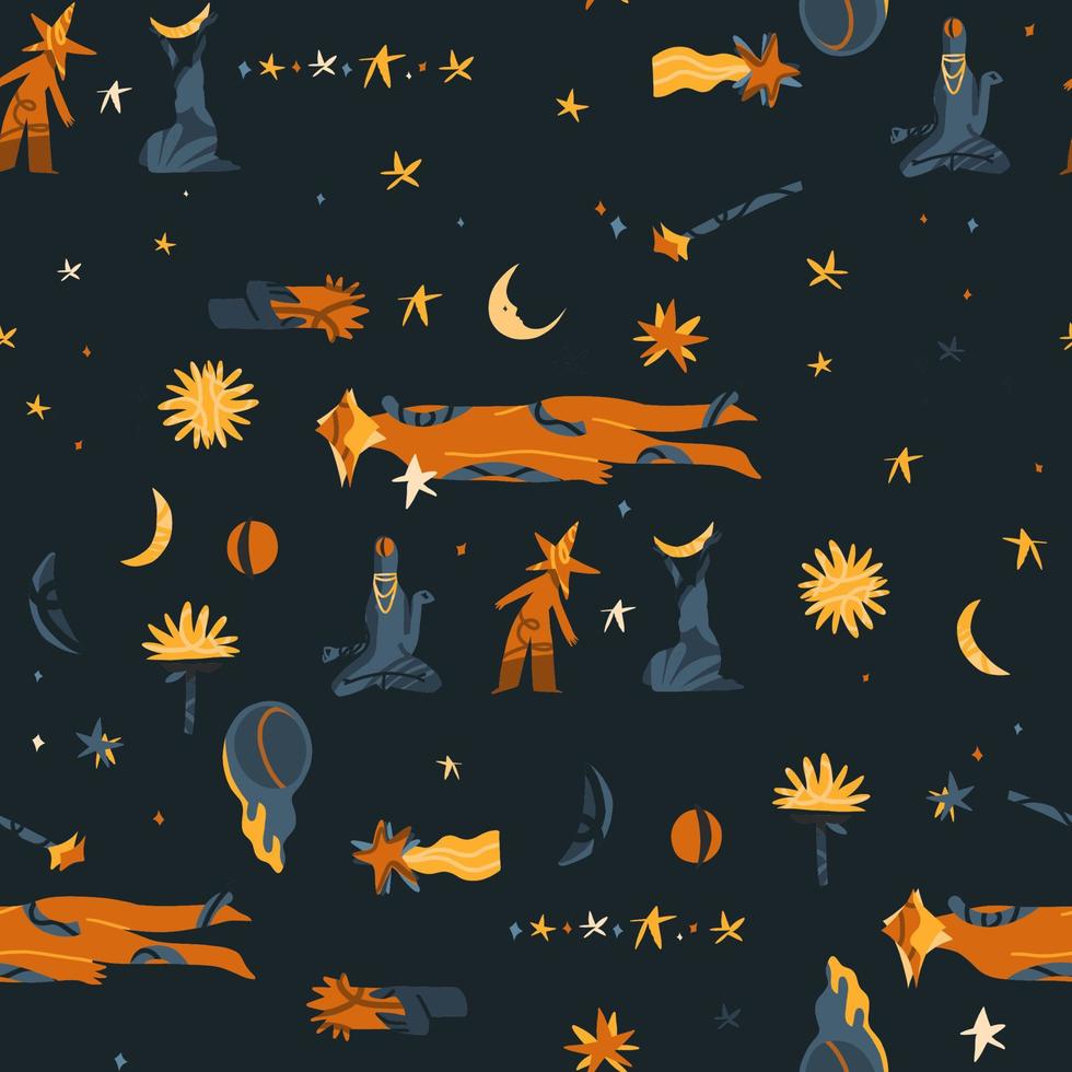 Ilustración cósmica mágica clipart de patrones sin fisuras con luna, estrella y lindos personajes alienígenas. Fondo abstracto cósmico. Estilo de dibujos animados. Arte contemporáneo dibujado a mano. vector