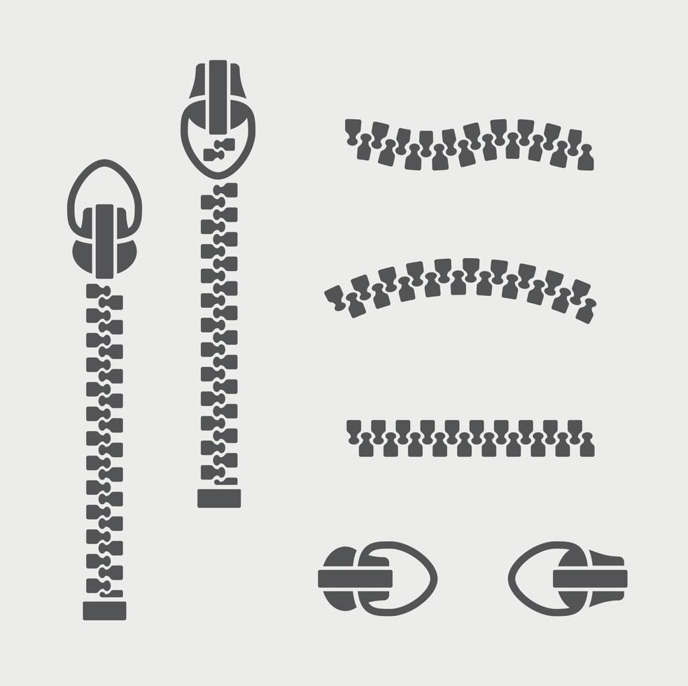 Zip fastener with Zipper puller silhouette. Different parts of zipper. Detail  for fasteners, dresses garments, bags, clothing and accessories. Vector illustration