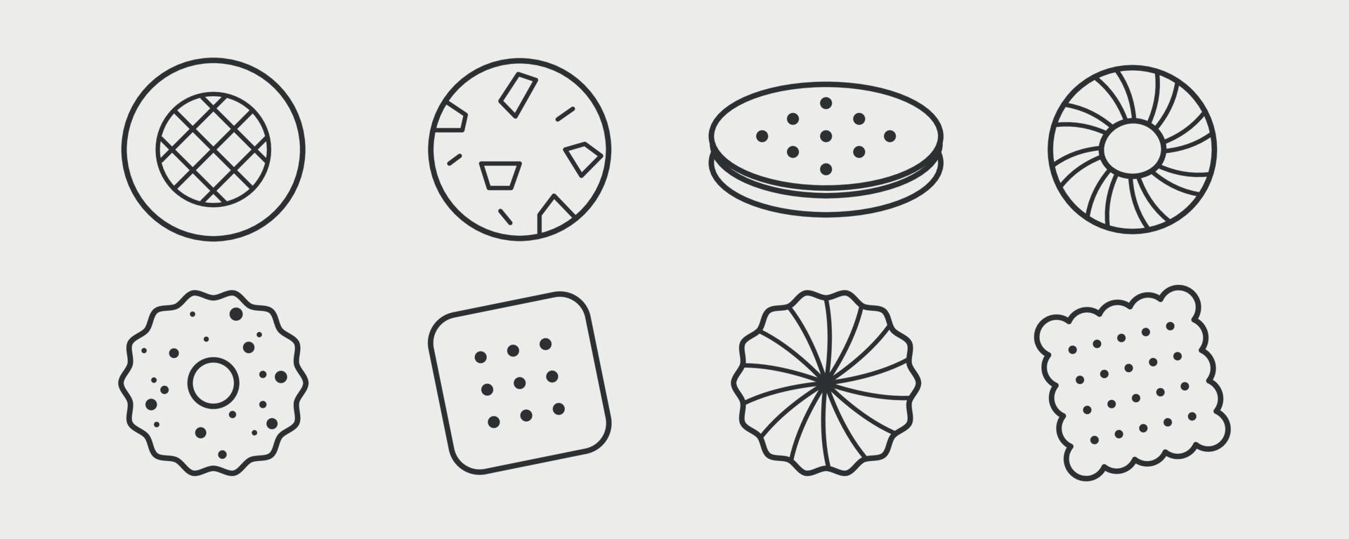 conjunto de iconos de línea de cookies. confitería, pastelería, productos de panadería. Ilustración vectorial sobre fondo blanco vector