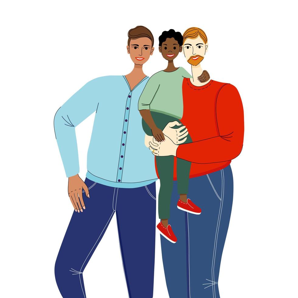 crianza de los hijos LGBT. ilustración vectorial de padres adoptivos. el papá homosexual sostiene al niño, el segundo papá los abraza. familia multirracial. primer plano retrato. vector