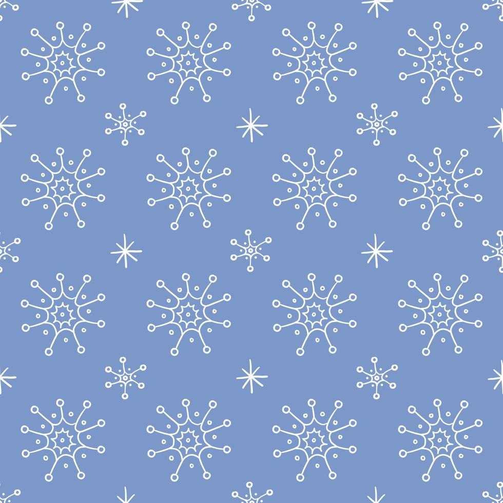 patrón de invierno con copos de nieve dibujados a mano. linda impresión vectorial monocromática sobre fondo azul. tema de navidad vector