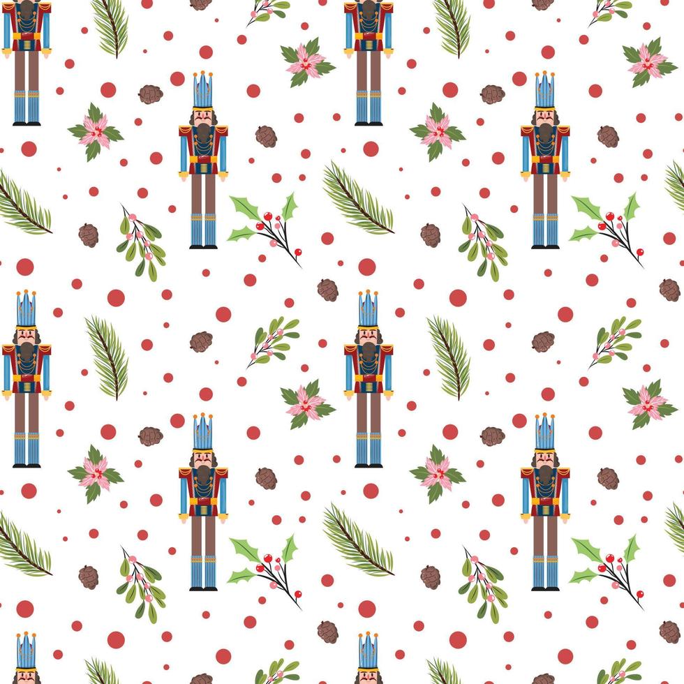 Beautiful Christmas seamless pattern with nutcracker, pinecones, leaves and flowers on white background. For textile, wrapping paper, cards, backgrounds, packaging. Vector seamless pattern.