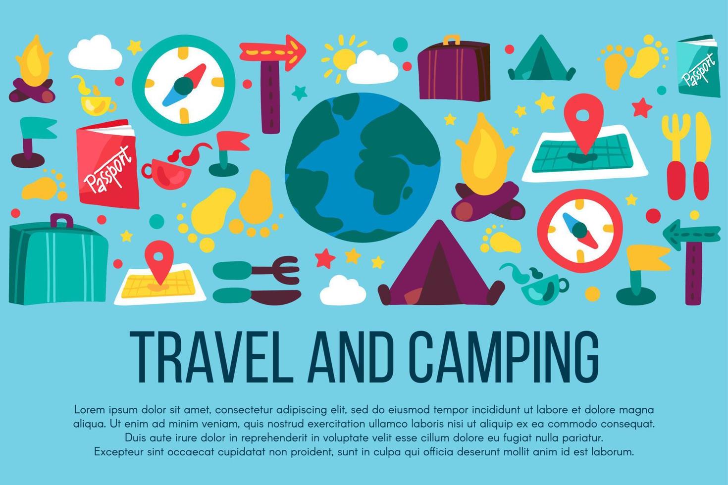 Camping y viajes banner dibujado a mano con copyspace vector