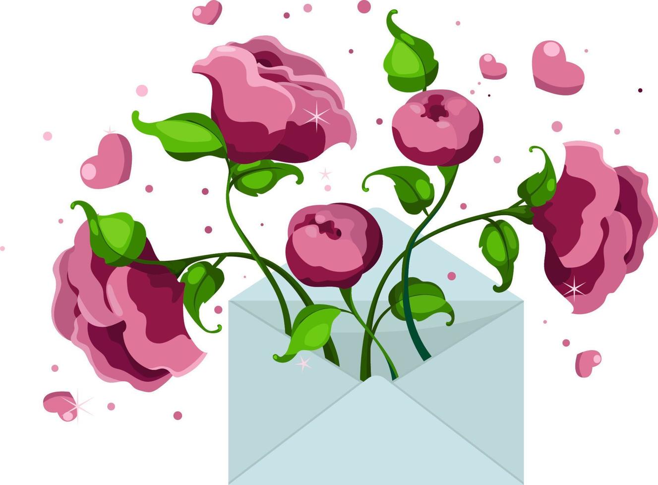 blue envelope with pink peonies and hearts, letter of love, vector illustration. Drawing for a card, congratulations on Valentine s Day
