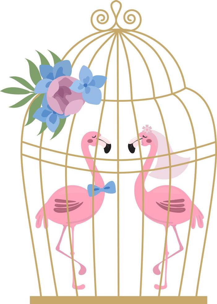 two flamingos in a birdcage, bride and groom, wedding illustration, Love Flamingos, tropical flat style illustration vector