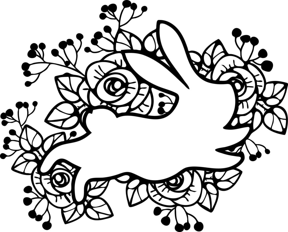 Easter Bunny with roses Flowers, black and white bunny silhouette, Floral Rabbits  Floral fancy hare with laser cut pattern for die cutting. Laser cutting rabbit template. vector