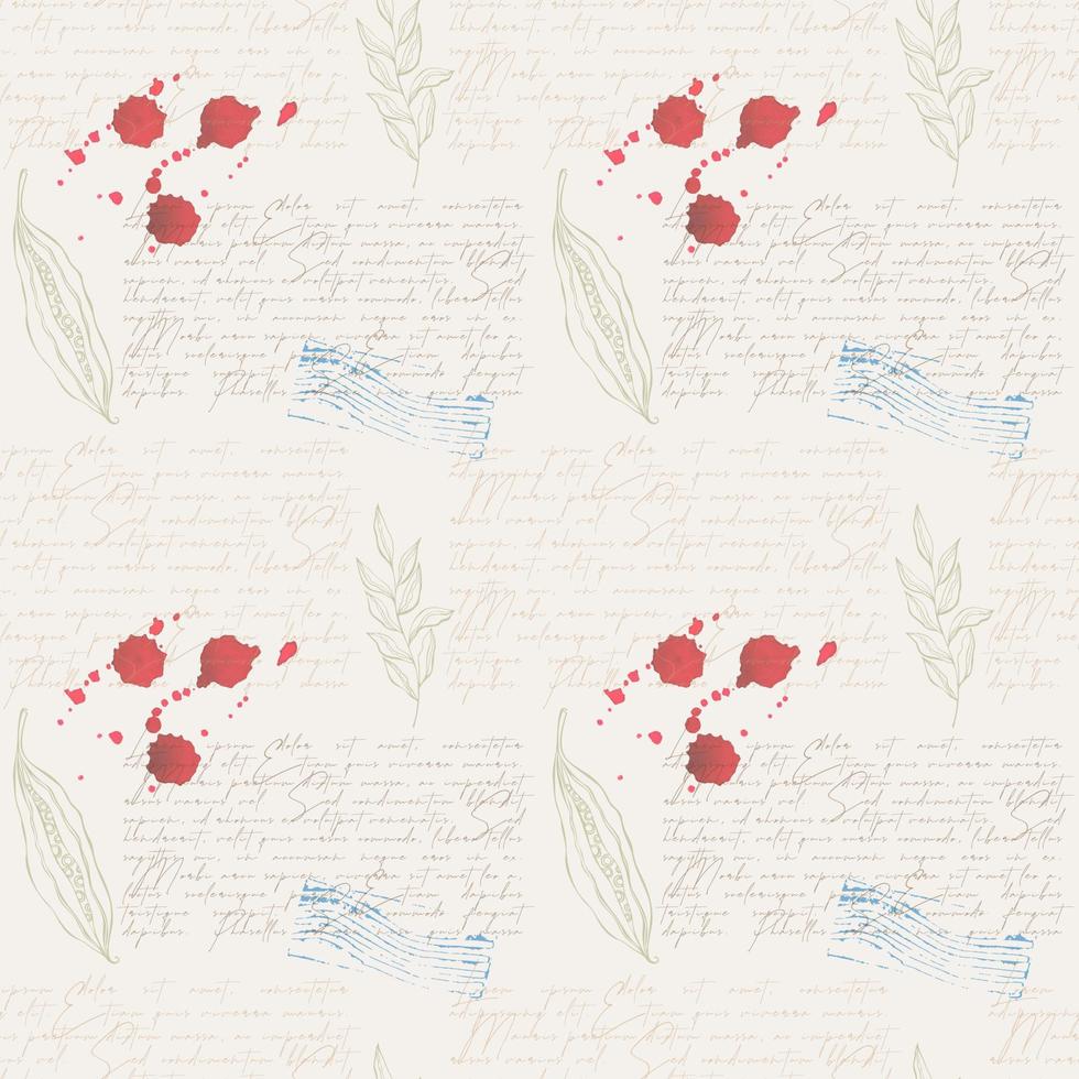 patrón vintage con texto lorem ipsum, vaina de semilla y rama y manchas de vino, sello en el fondo de papel antiguo. papel pintado, papel de regalo, tela vector