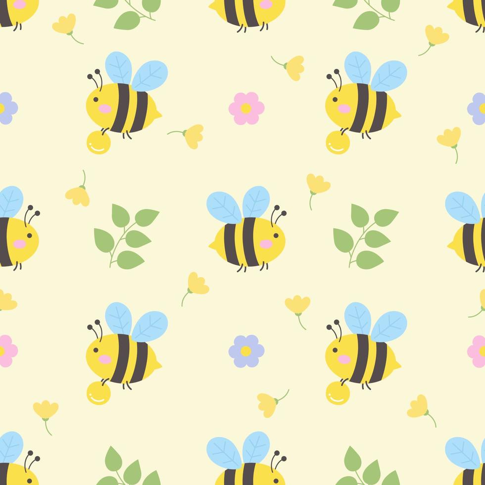 Seamless pattern with cute bee and colorful flowers. vector