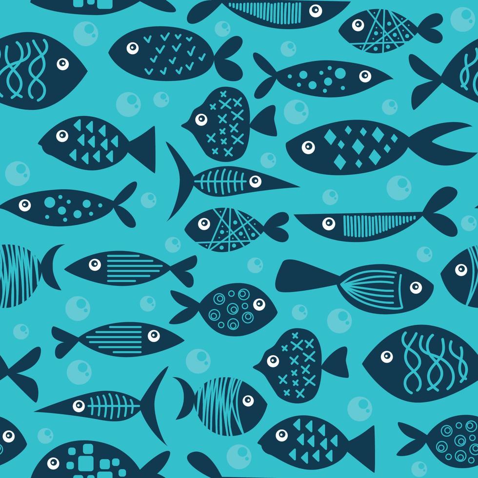 A set of different, unusual, bright fish. Pattern for textiles. Hand-drawn vector illustration. Underwater world. Cartoon contour style blue colors