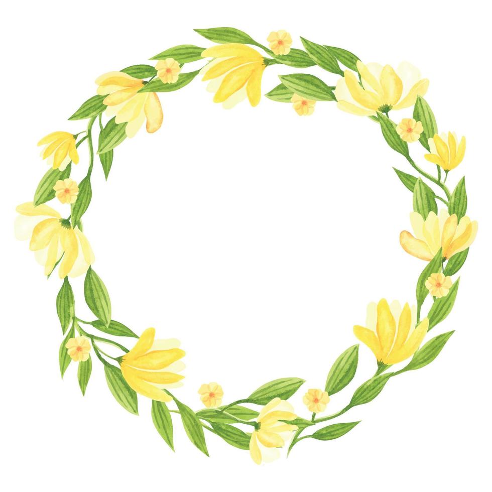 Abstract green leaves and yellow flowers wreath watercolor illustration vector
