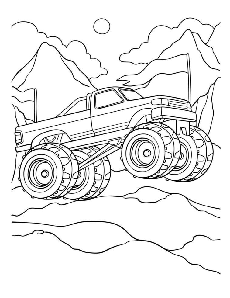 Página para colorear de camiones monstruo para niños vector