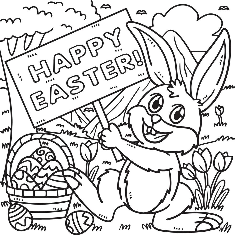 Bunny Holding Happy Easter Coloring Page for Kids vector
